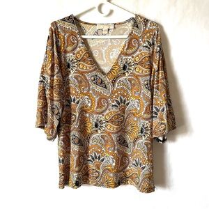 MICHAEL Michael Kors Brown Paisley V-neck Blouse Size M Slit Sleeve Gold Classy
